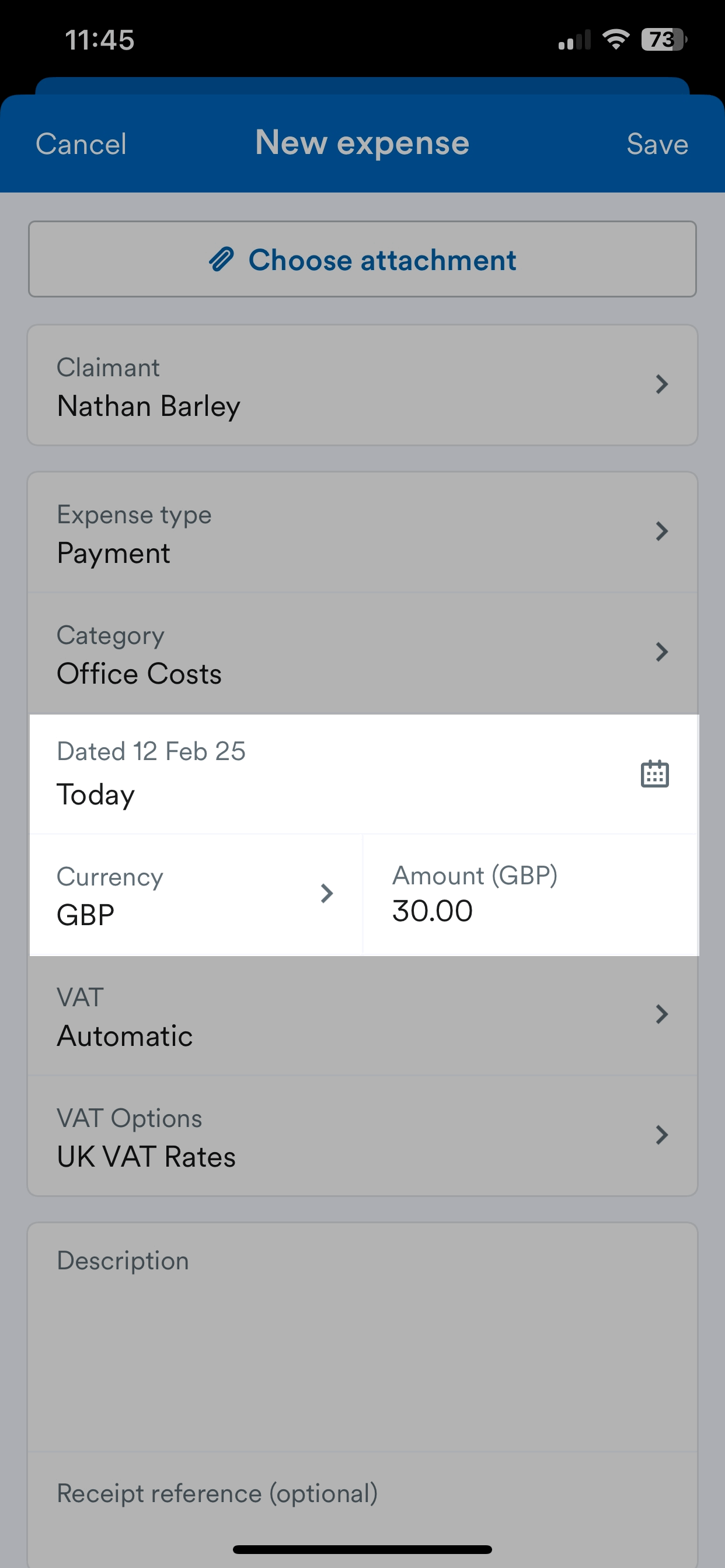 Date, Currency, and Amount fields highlighted on New expense page.