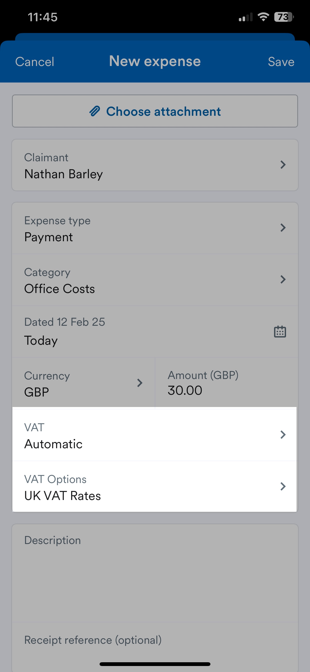 'VAT' and 'VAT Options' field highlighted in New expense page.