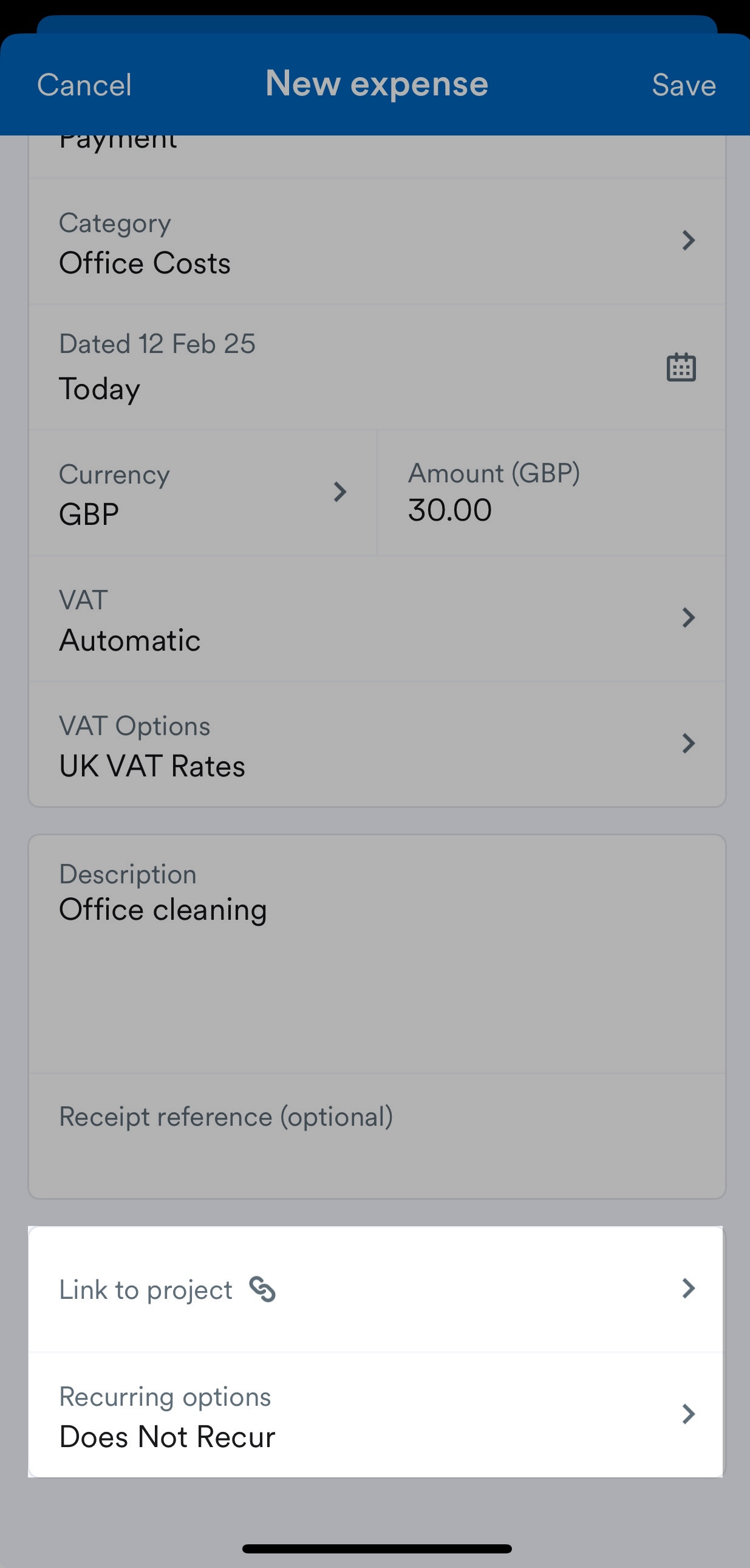 'Link to project' and 'Recurring options' fields highlighted on New expense page.
