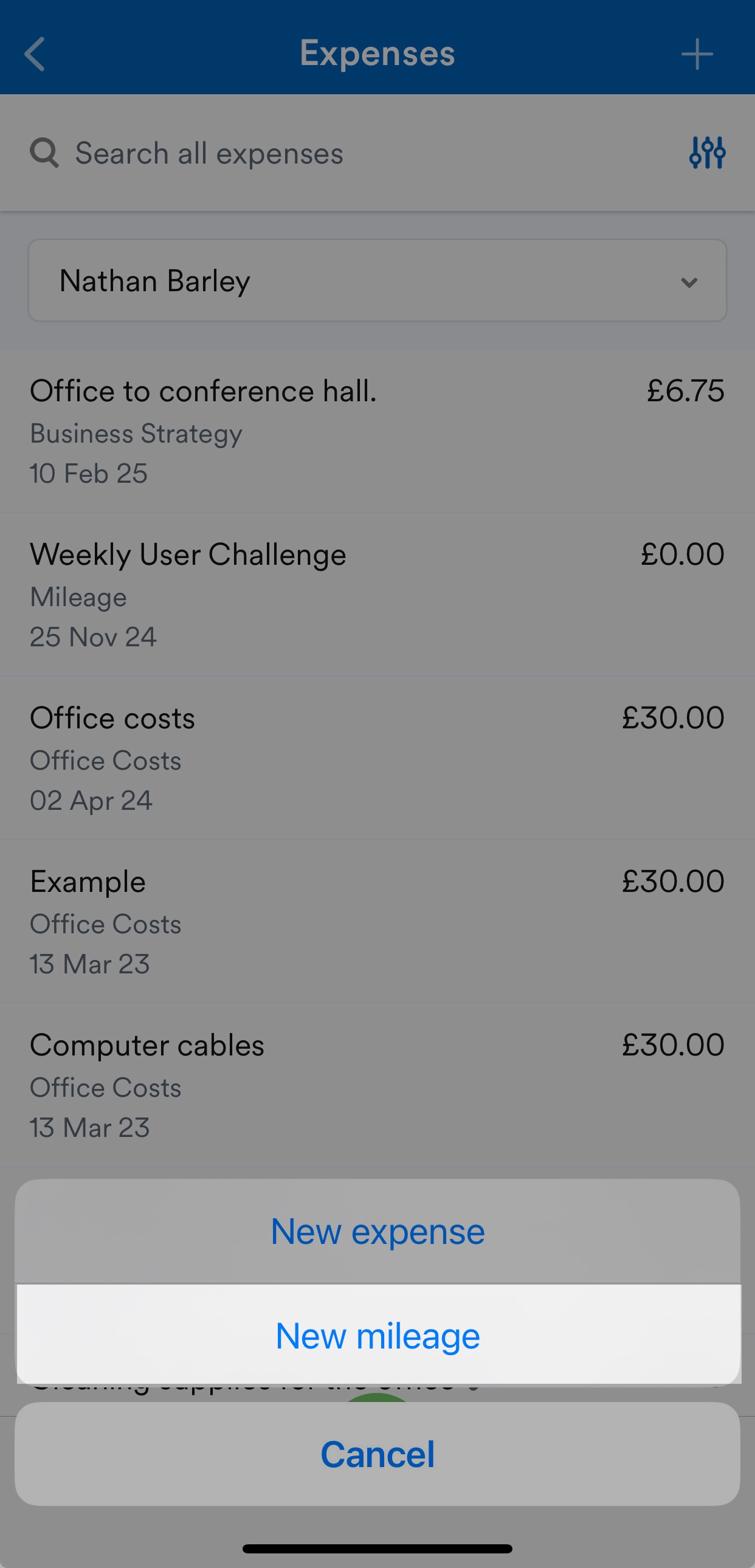 'New mileage' button highlighted on Expenses page.