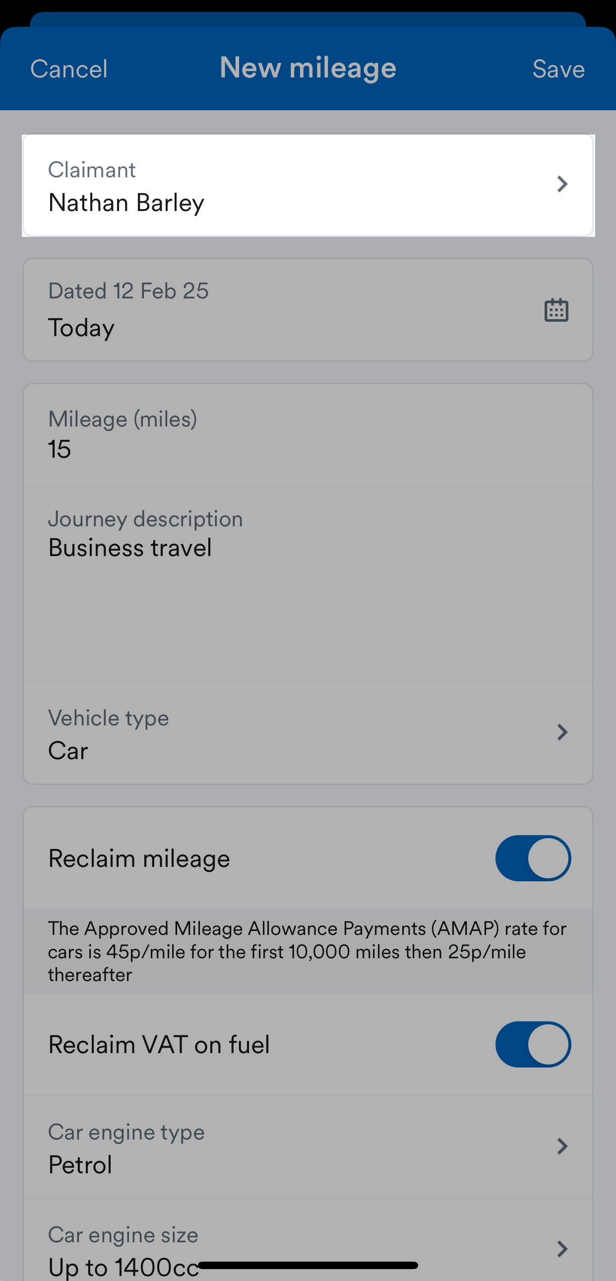 'Claimant' field highlighted with user selected in New mileage page.