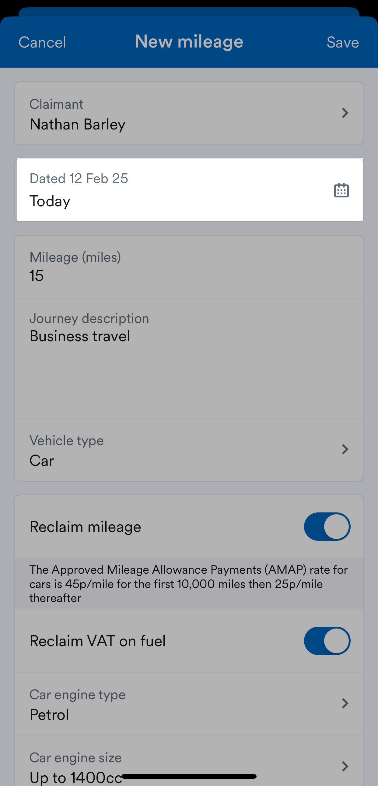 Date field highlighted on New mileage page.