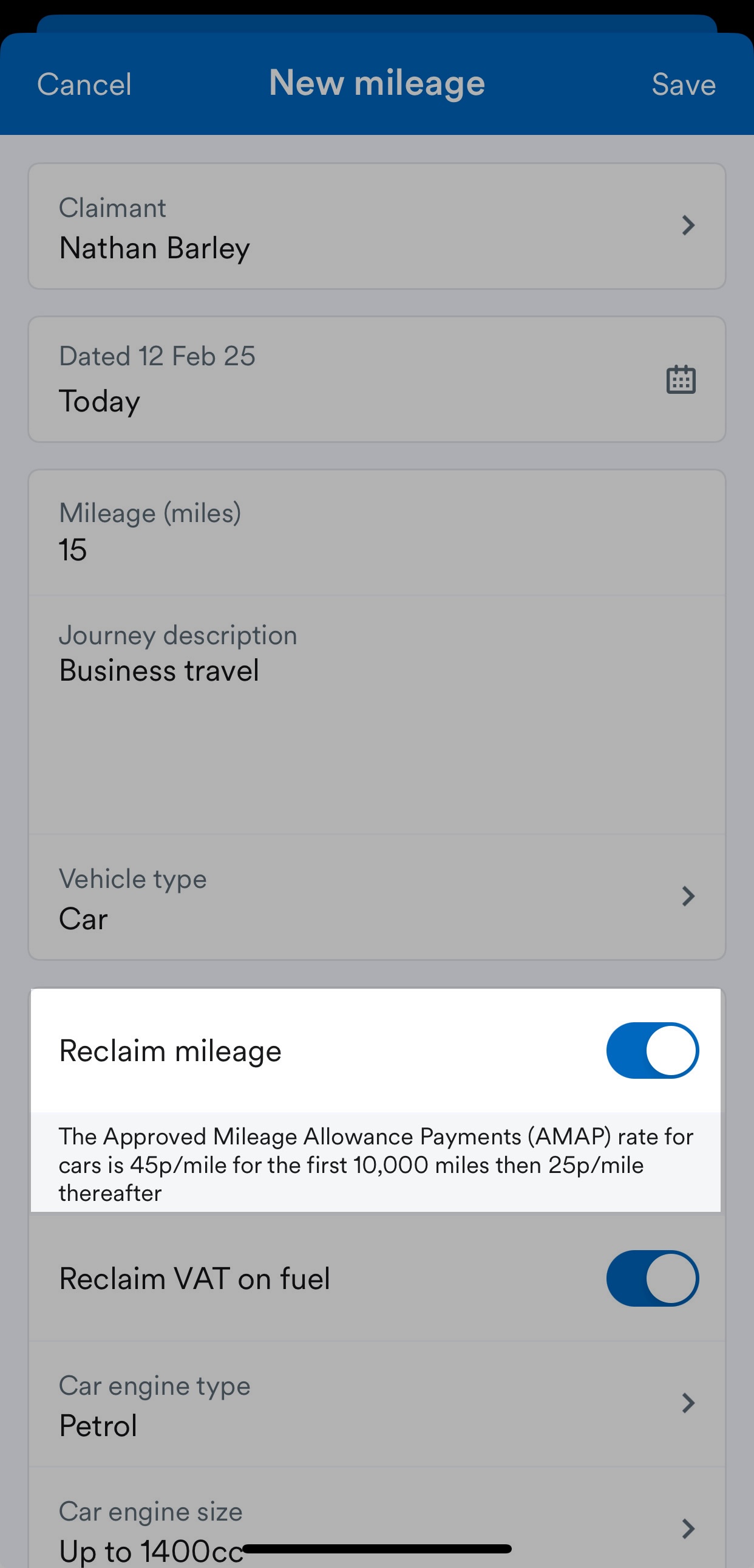 'Reclaim mileage' toggle highlighted on New mileage page.