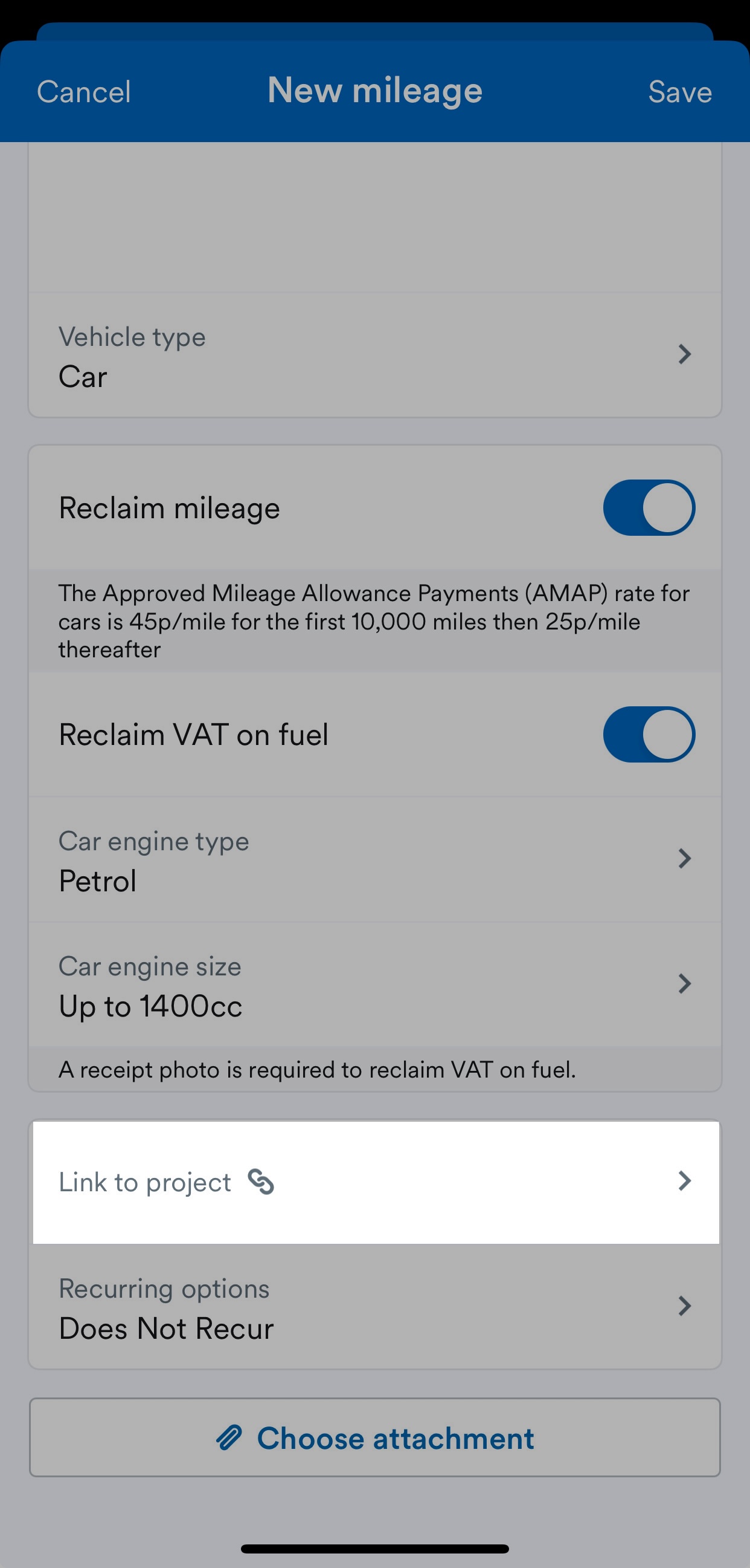 'Link to project' button highlighted on New mileage page.