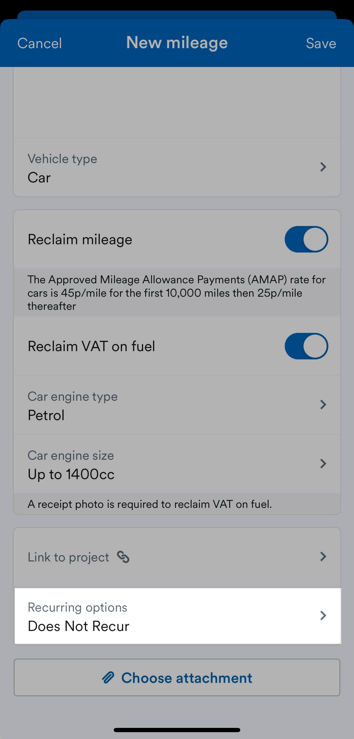 'Recurring options' field highlighted on New mileage page.