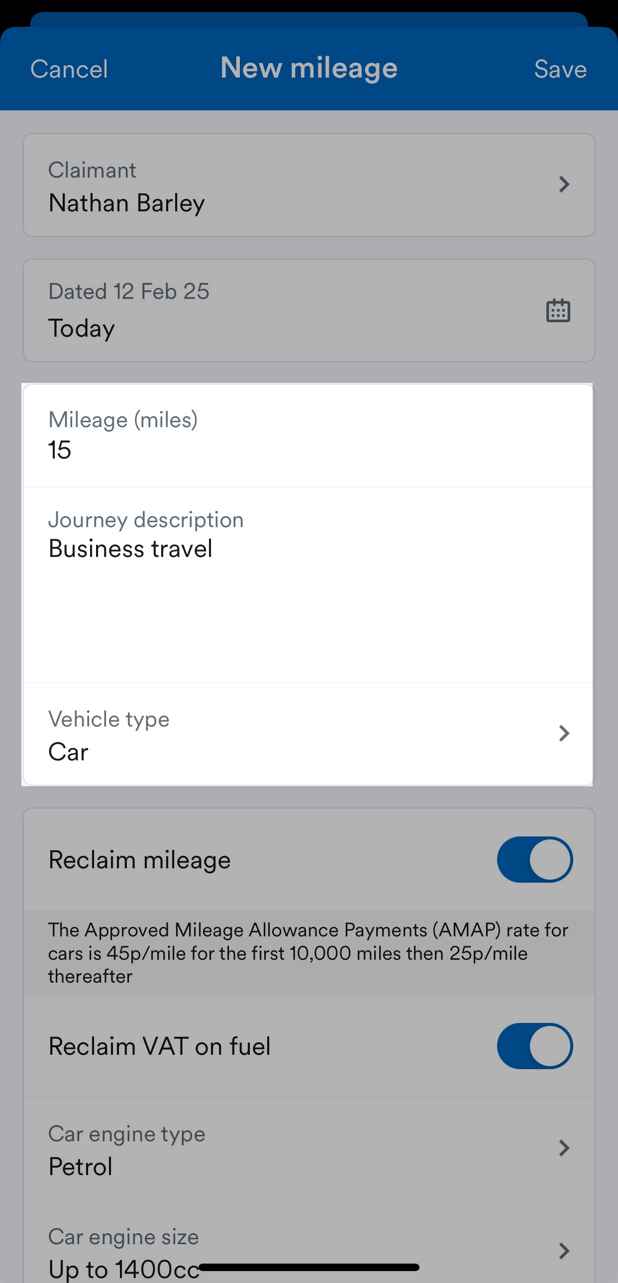 'Mileage', 'Journey description' and 'Vehicle type' fields highlighted on New mileage page.