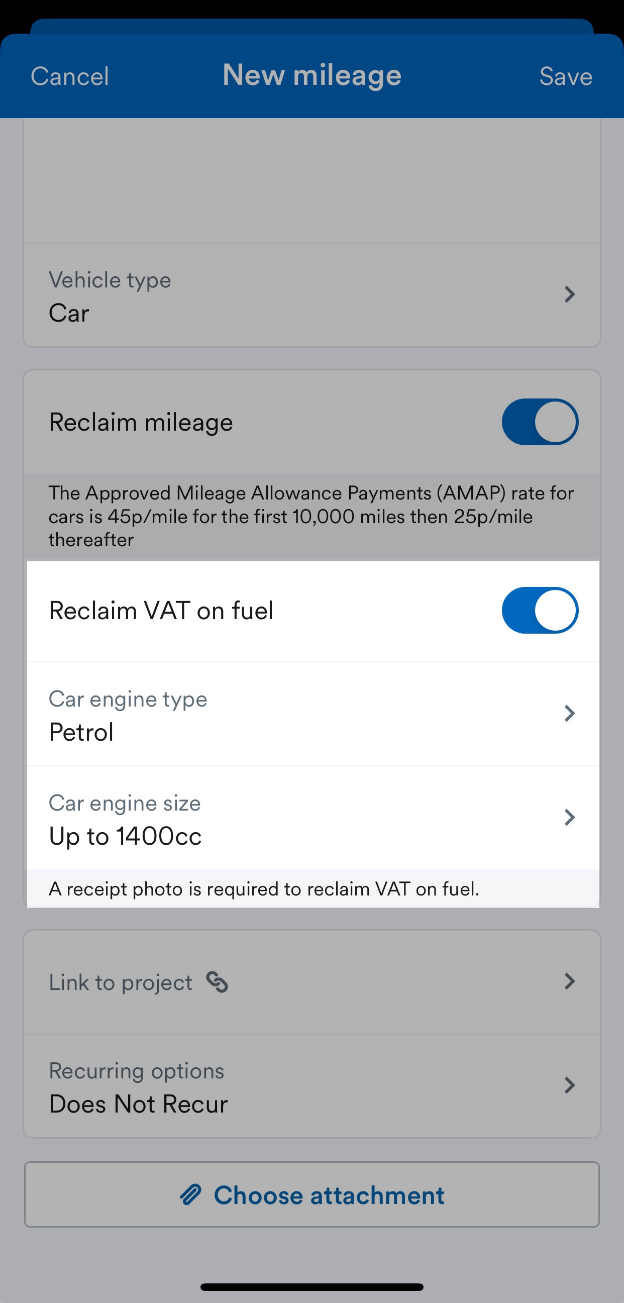 'Reclaim VAT on fuel' toggle, 'Car engine type' and 'Car engine size' fields highlighted on New mileage page.