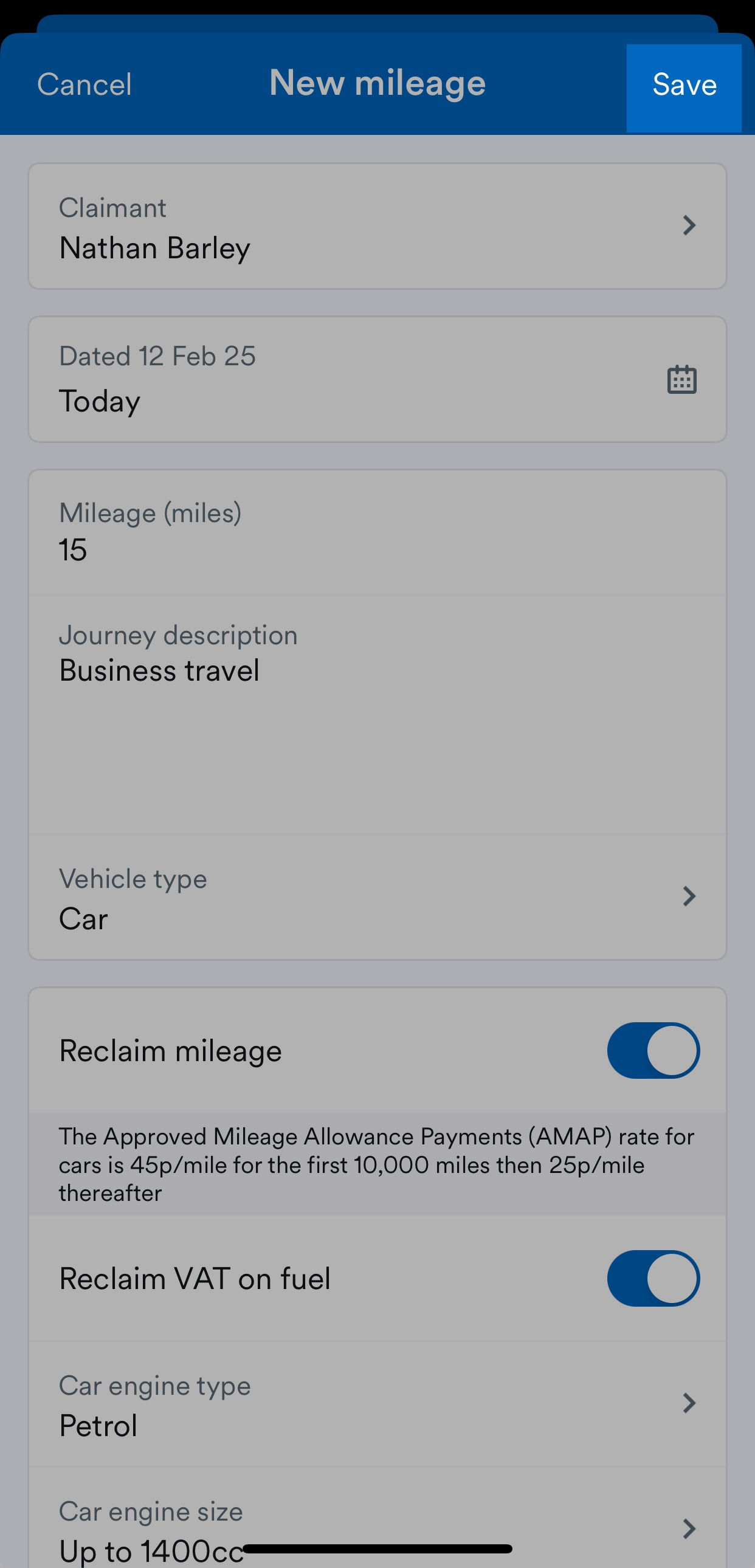 'Save' button highlighted at top of New mileage page.