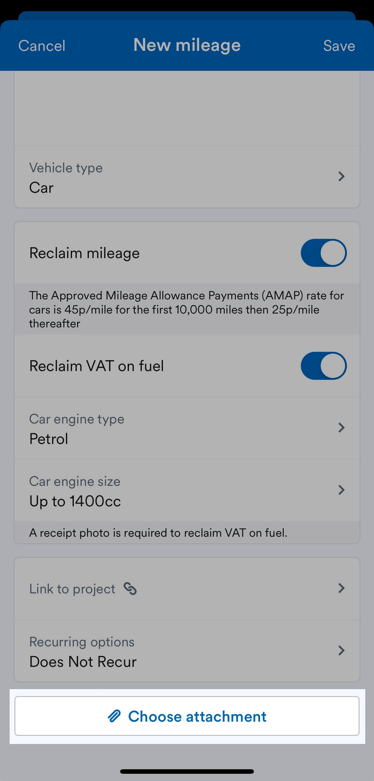 'Choose attachment' button highlighted on New mileage page.
