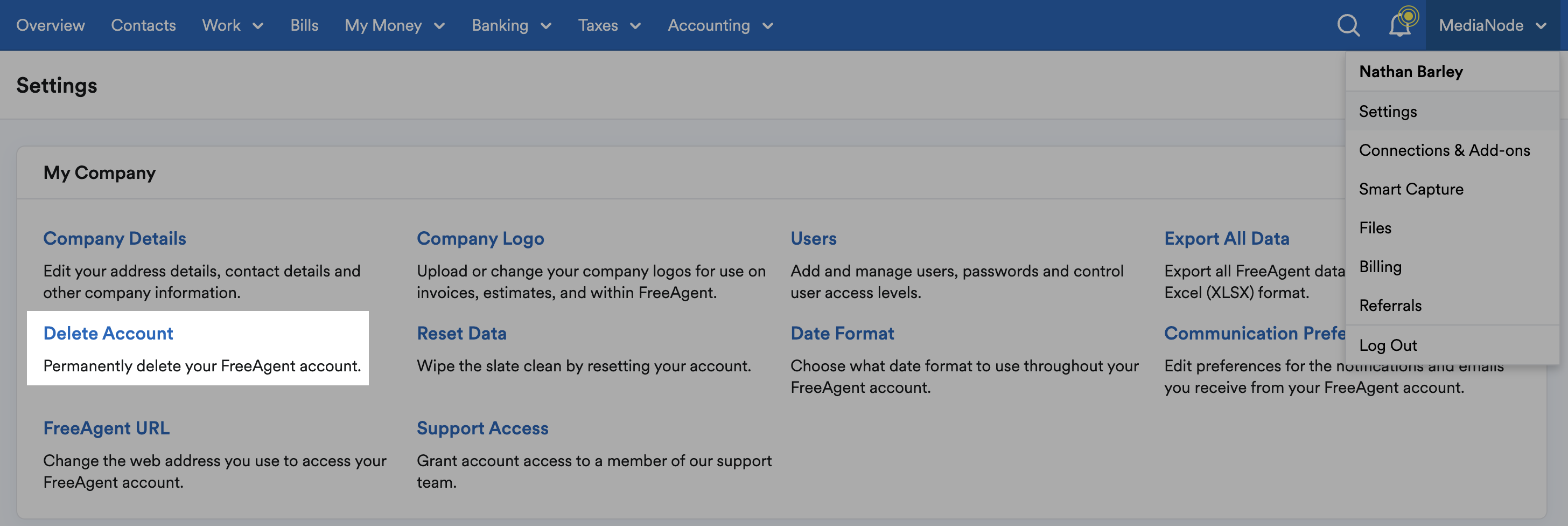 Delete Account highlighted in Settings area