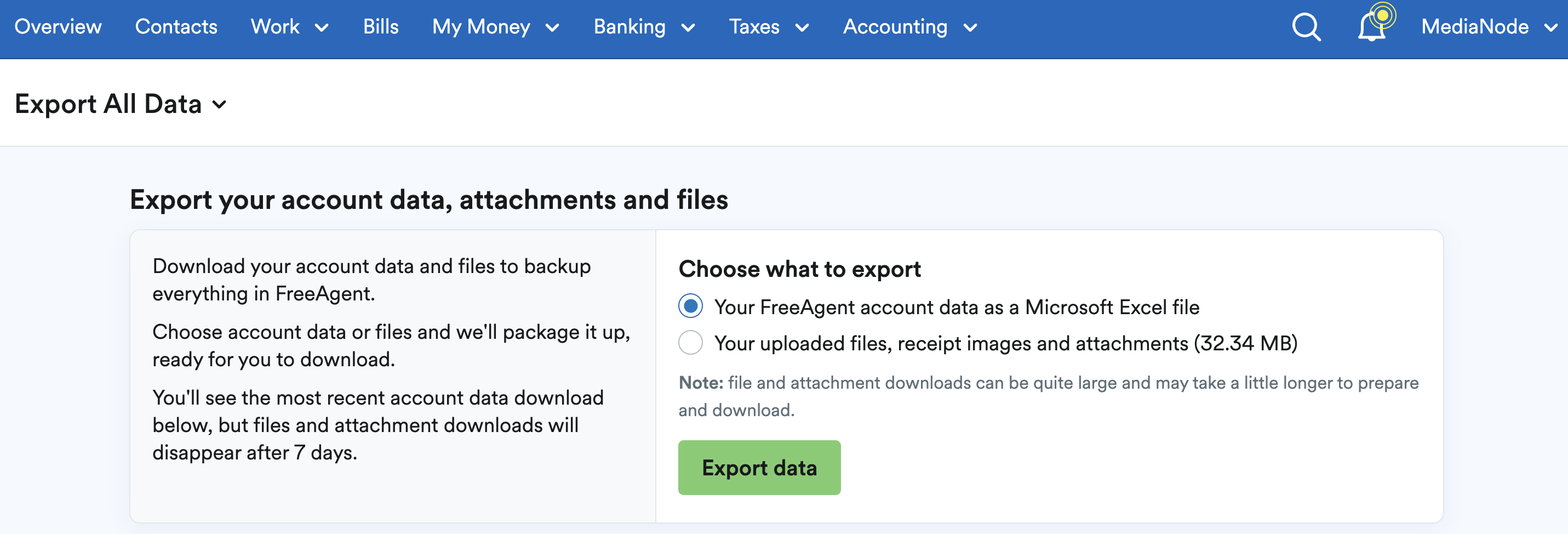 Export data screen in FreeAgent