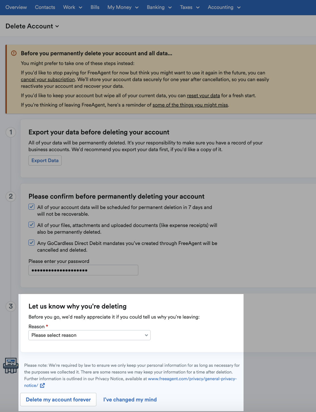 Reason drop-down menu and delete button highlighted