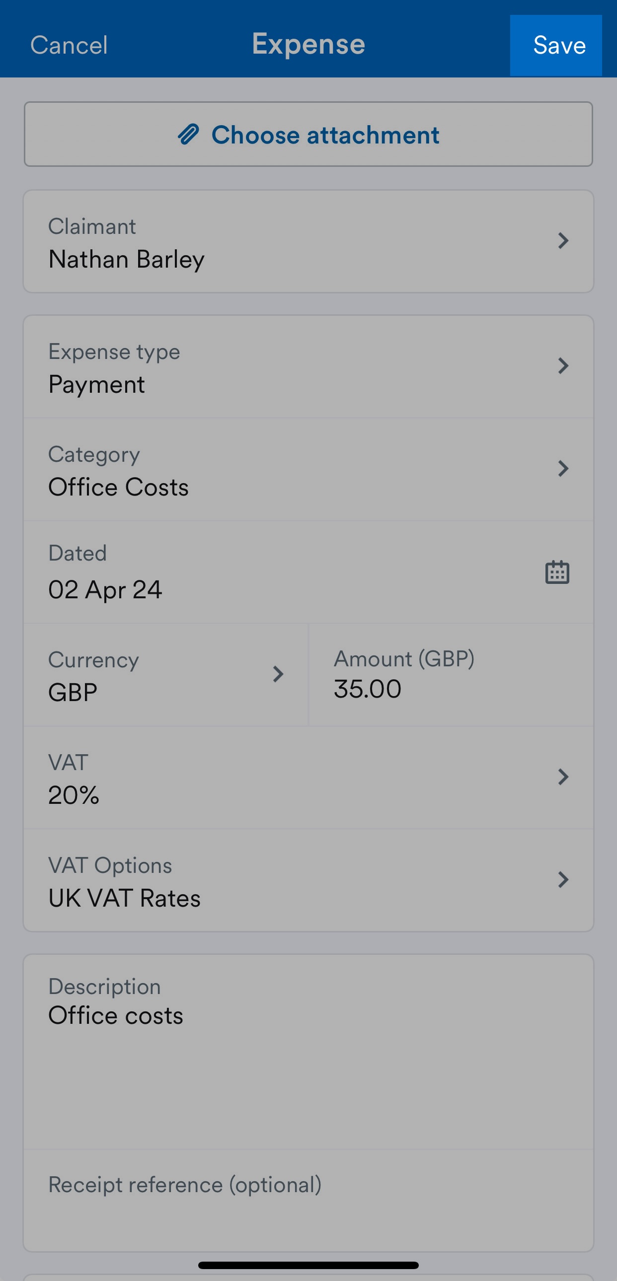 'Save' button highlighted at top of Expense page.