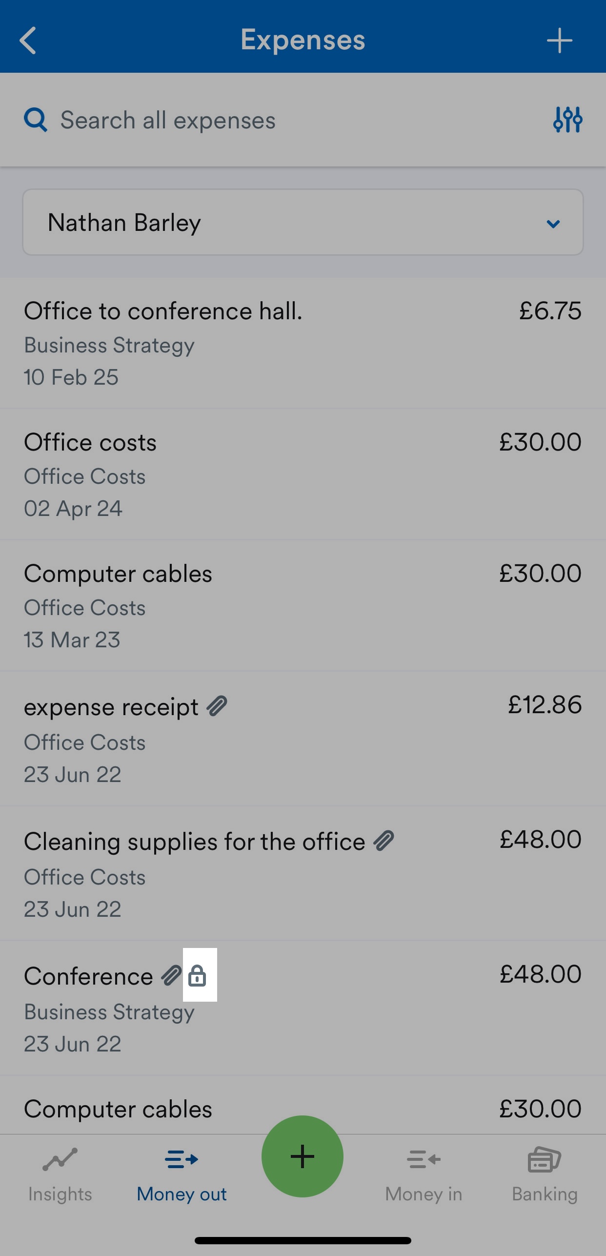 Lock icon next to a listed expense.