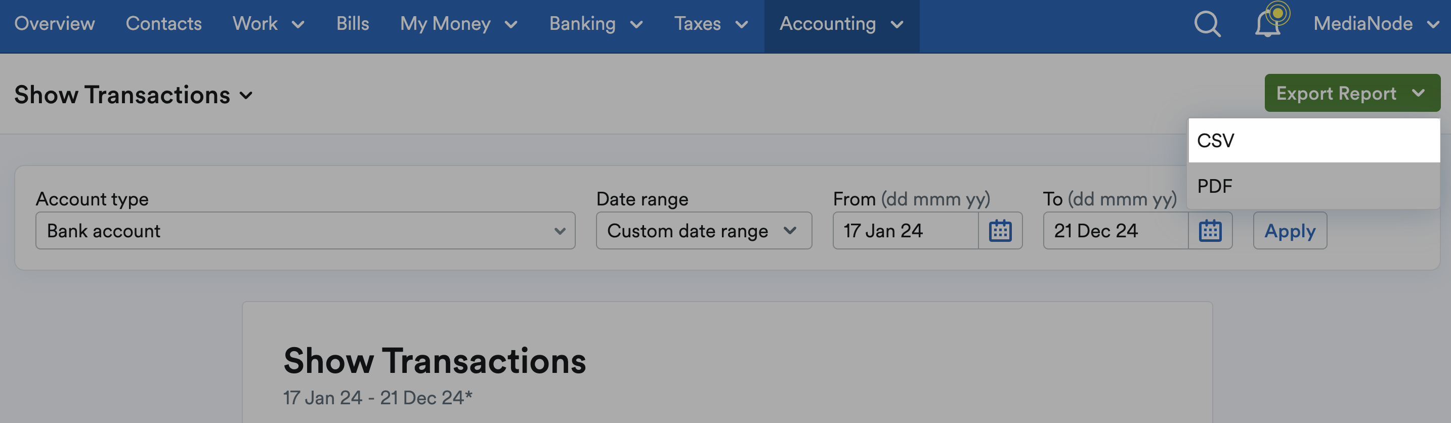CSV option highlighted within the Export Report drop-down menu