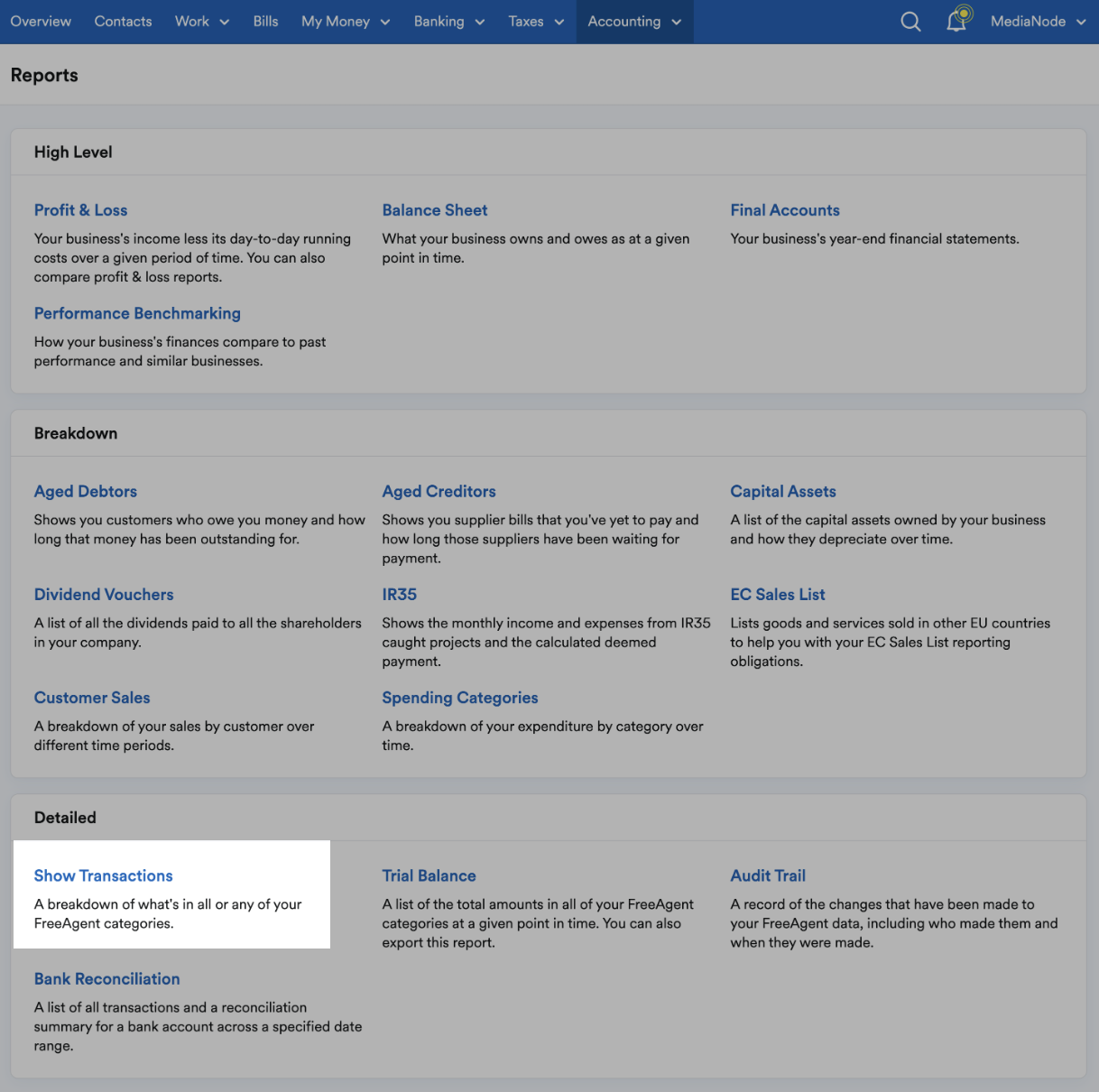 Show Transactions highlighted on reports page in the detailed section
