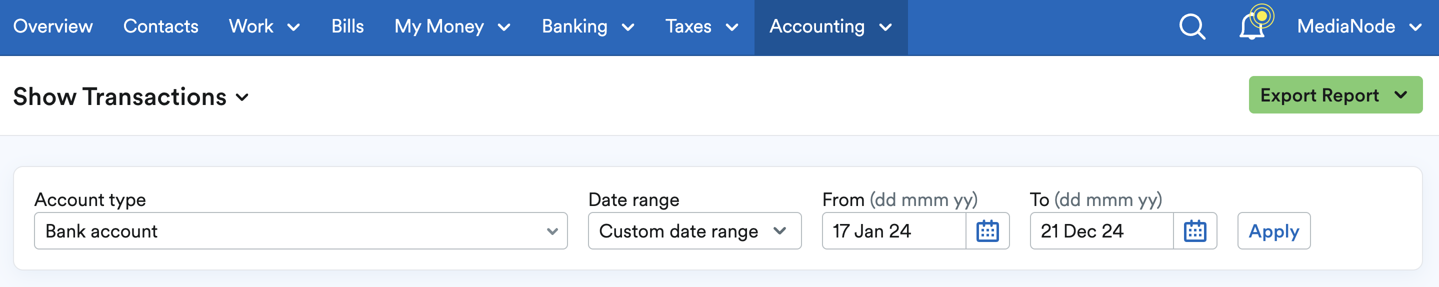 Show transactions report showing bank account over a custom date range