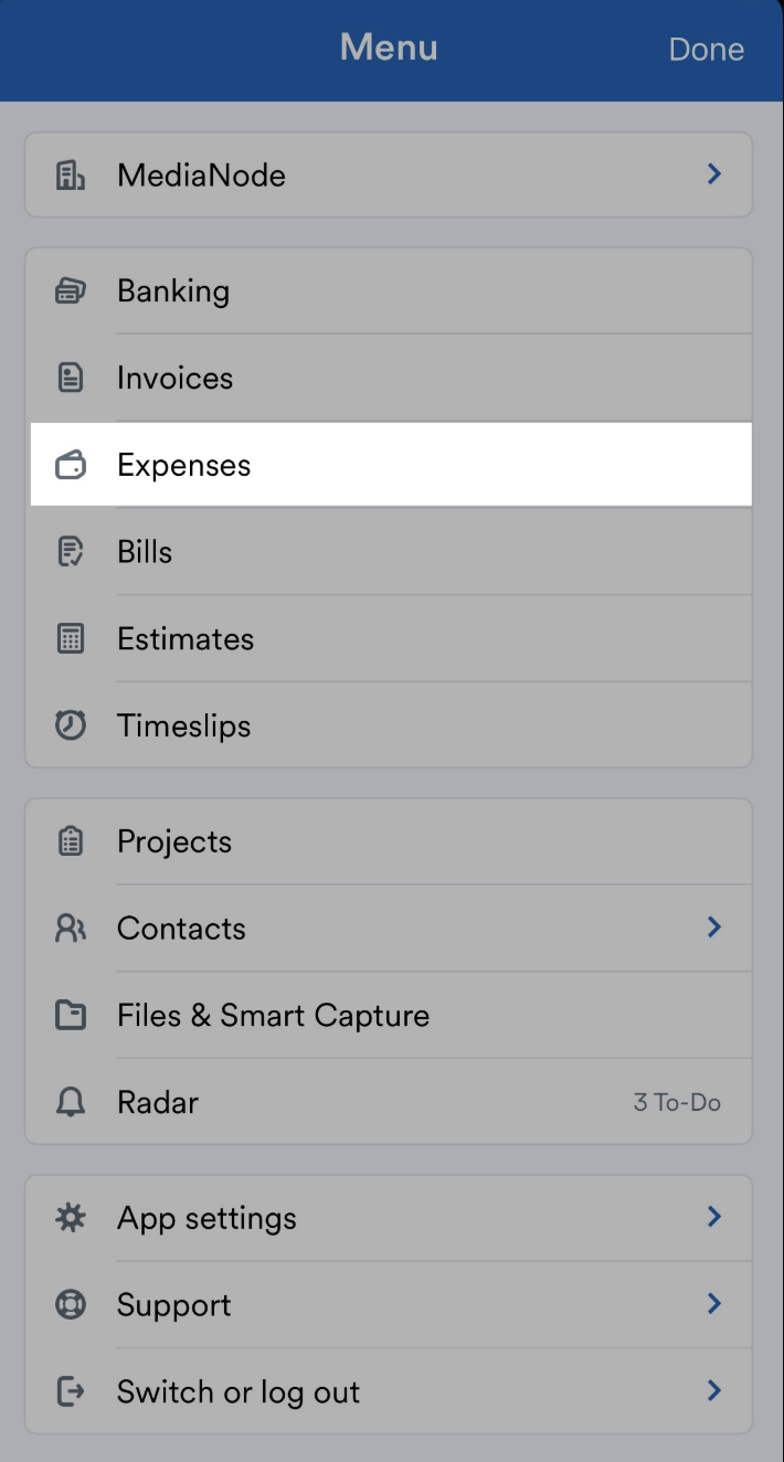 'Expenses' highlighted in mobile app navigation menu.
