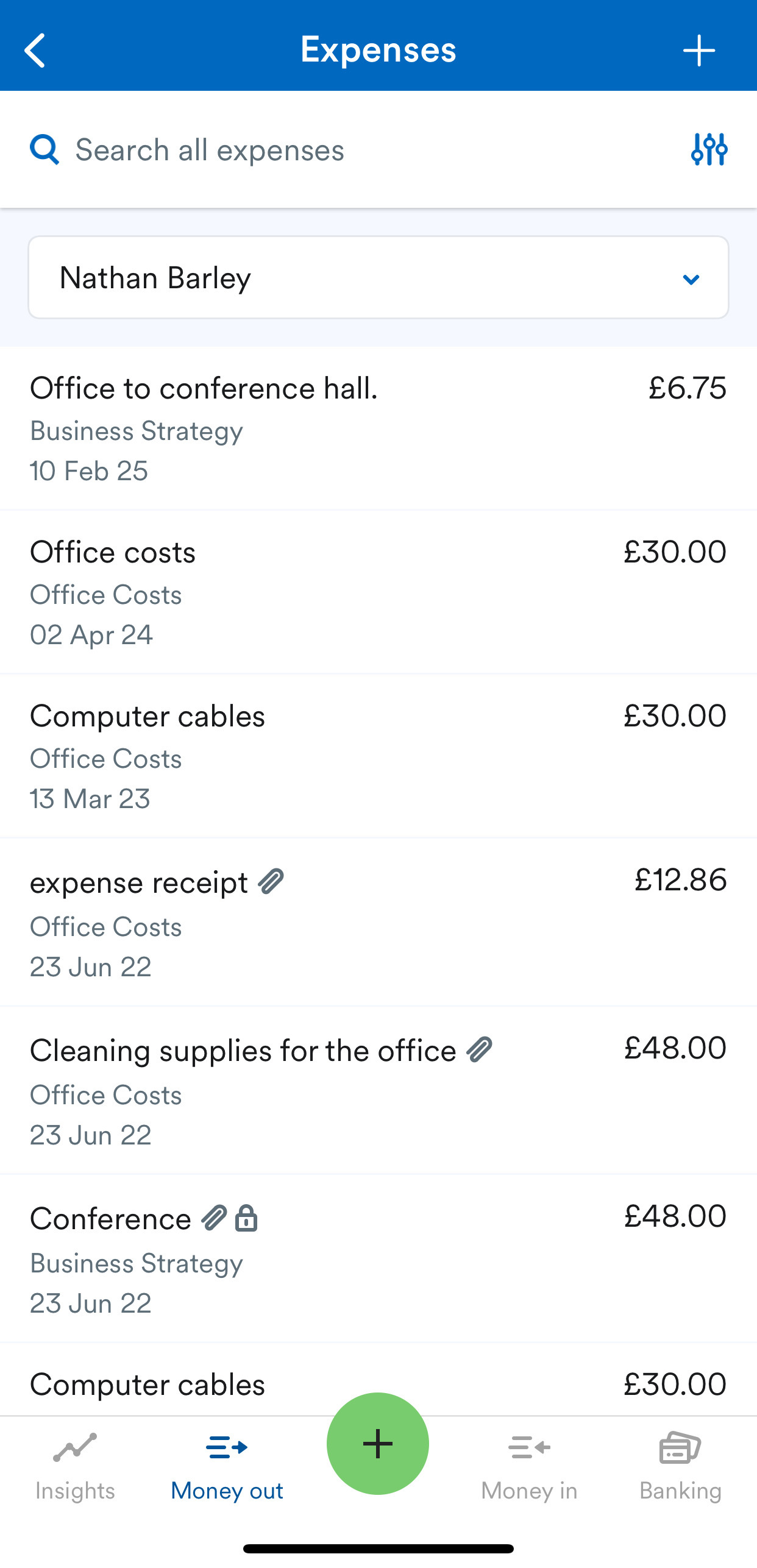 Expenses listed for selected user on Expenses page.