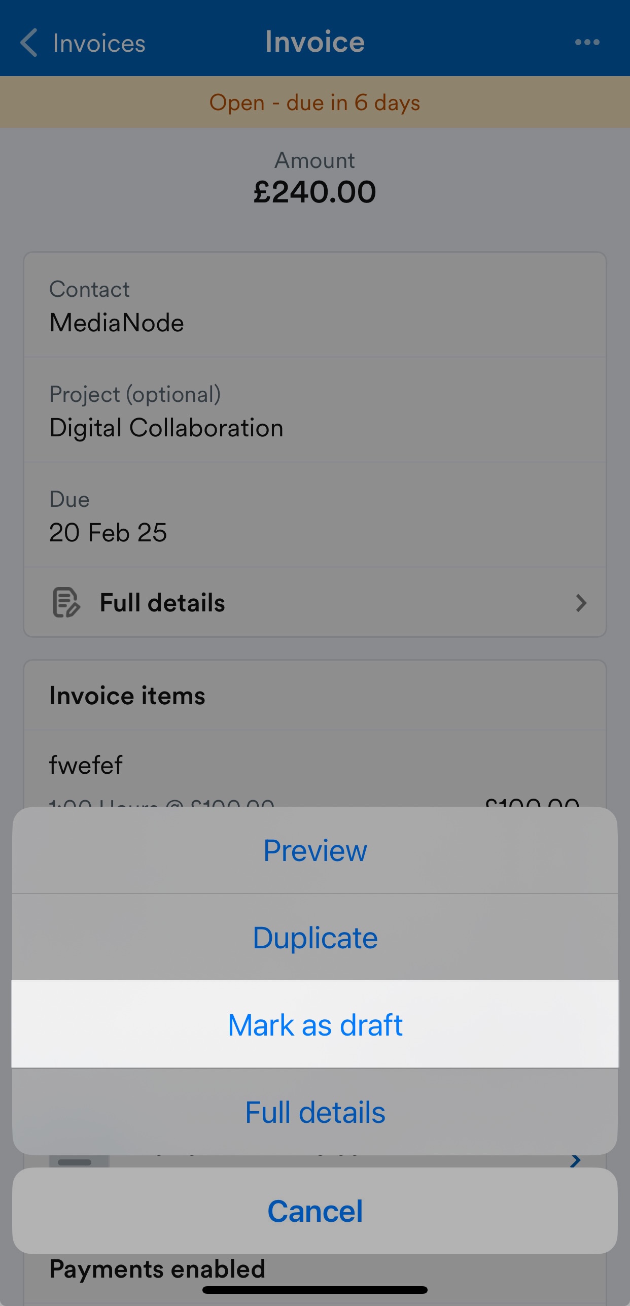 'Mark as draft' button highlighted on Invoice page.