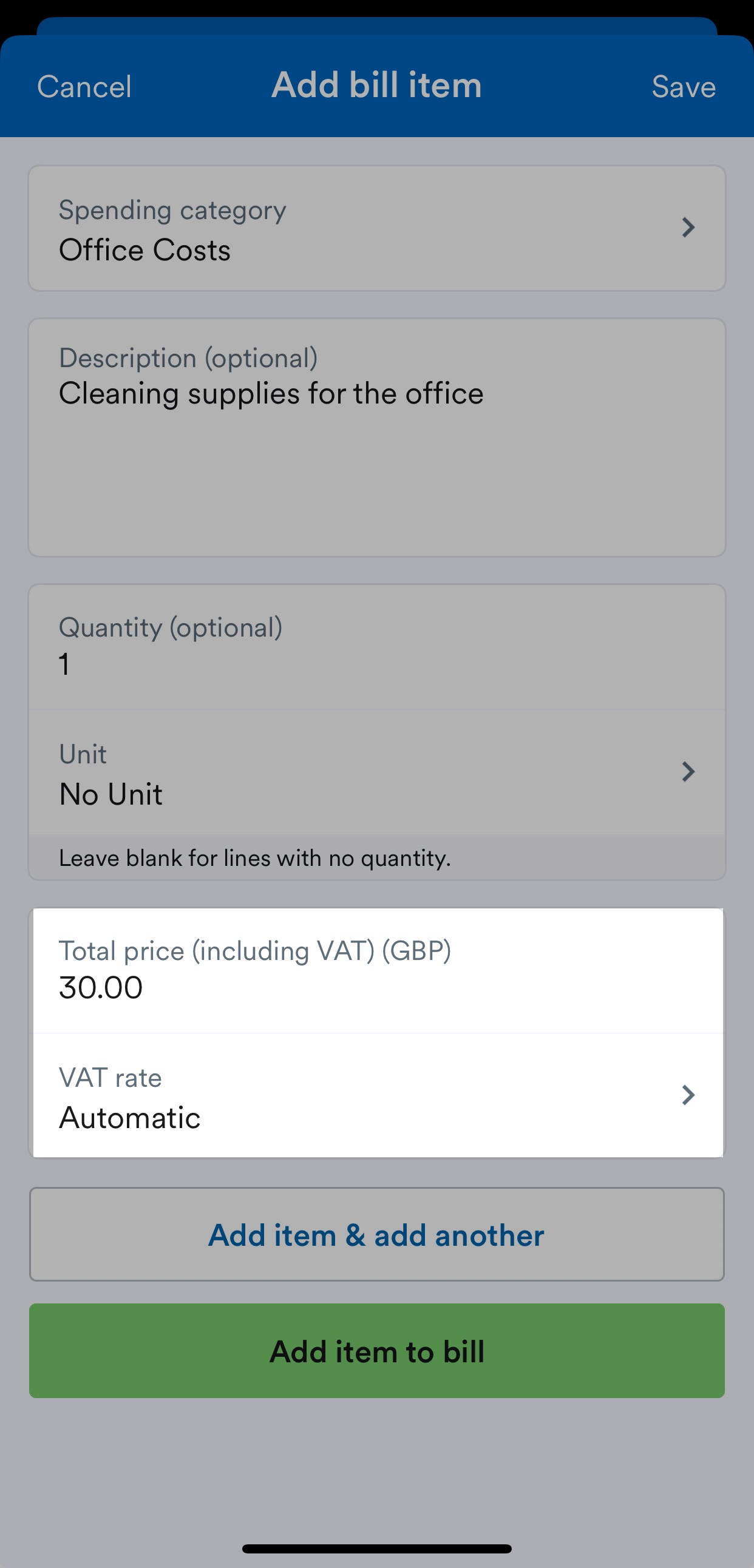 Total price and VAT rate fields highlighted