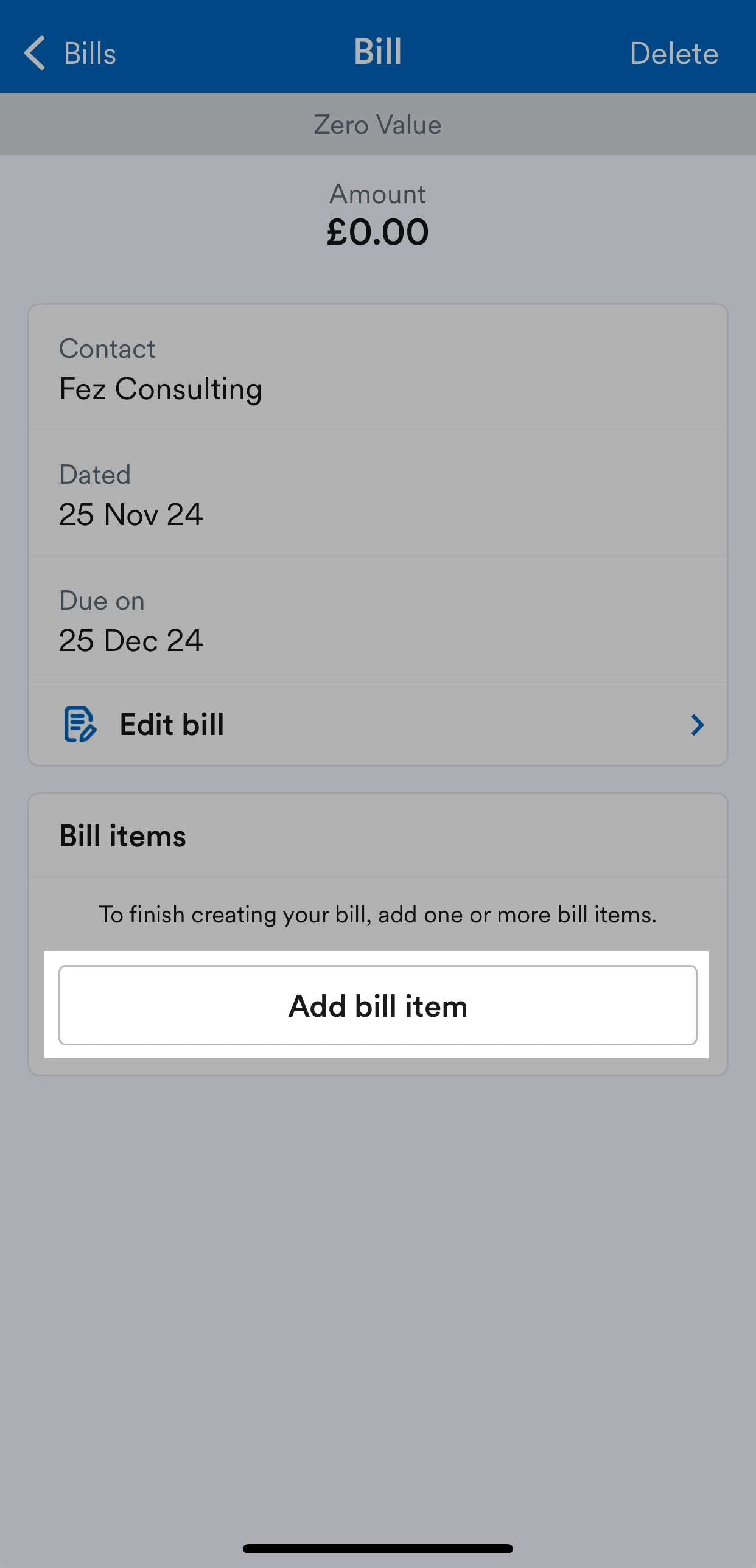 Add bill item button highlighted