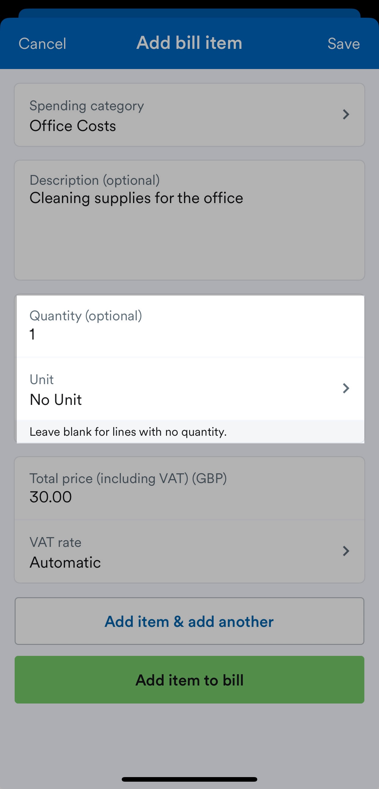 Quantity and unit fields highlighted