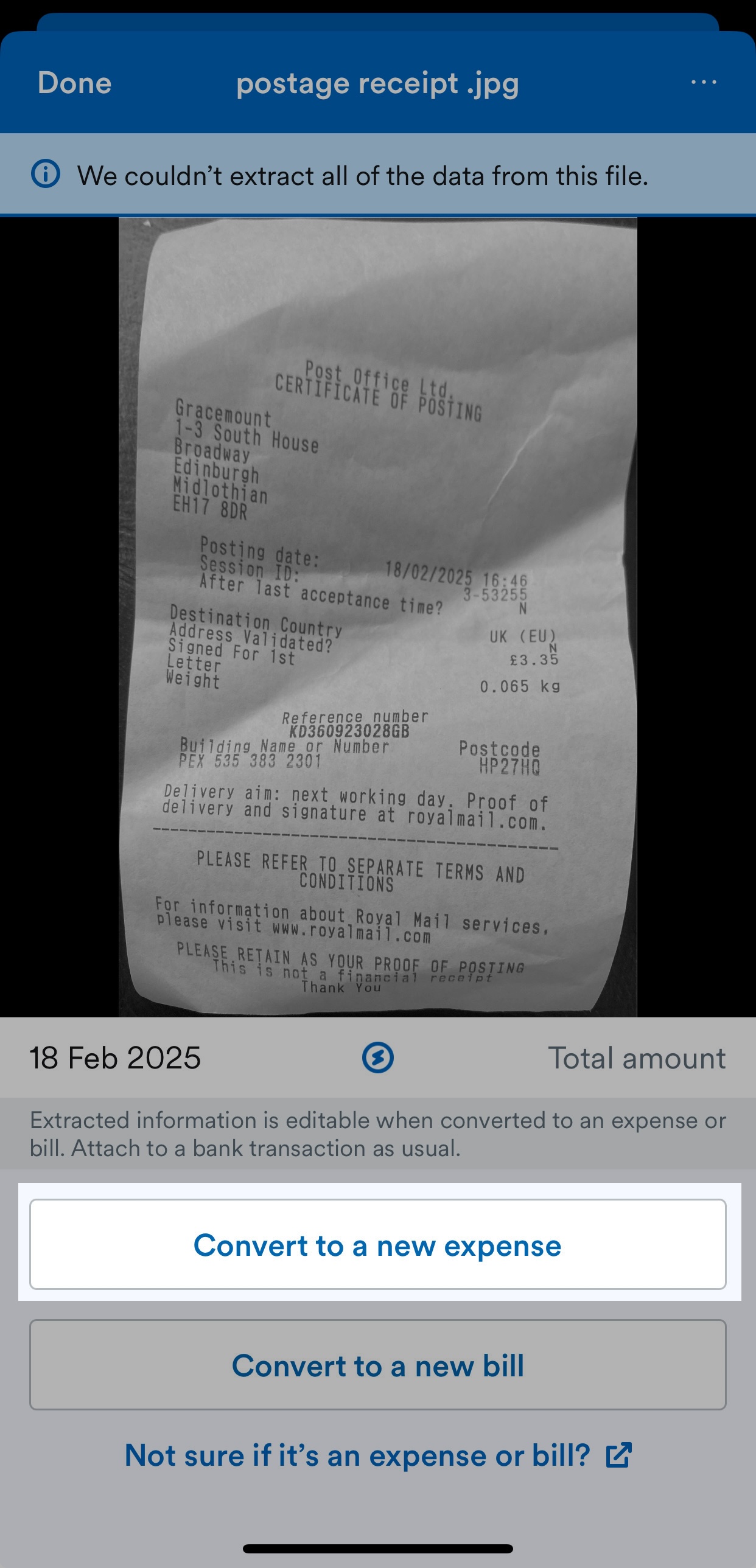 'Convert to a new expense' button highlighted within Smart Capture.