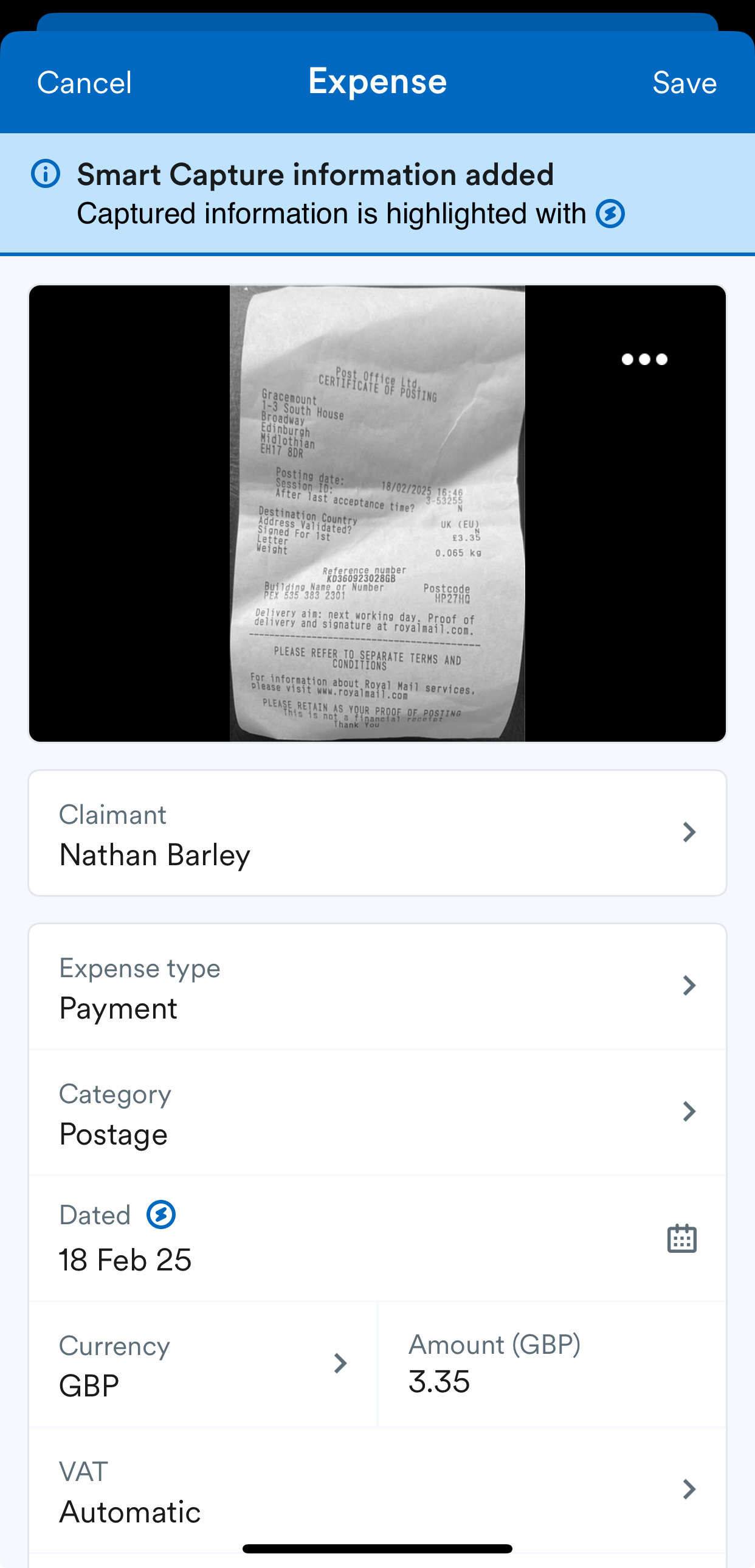 Expense converted from Smart Capture.