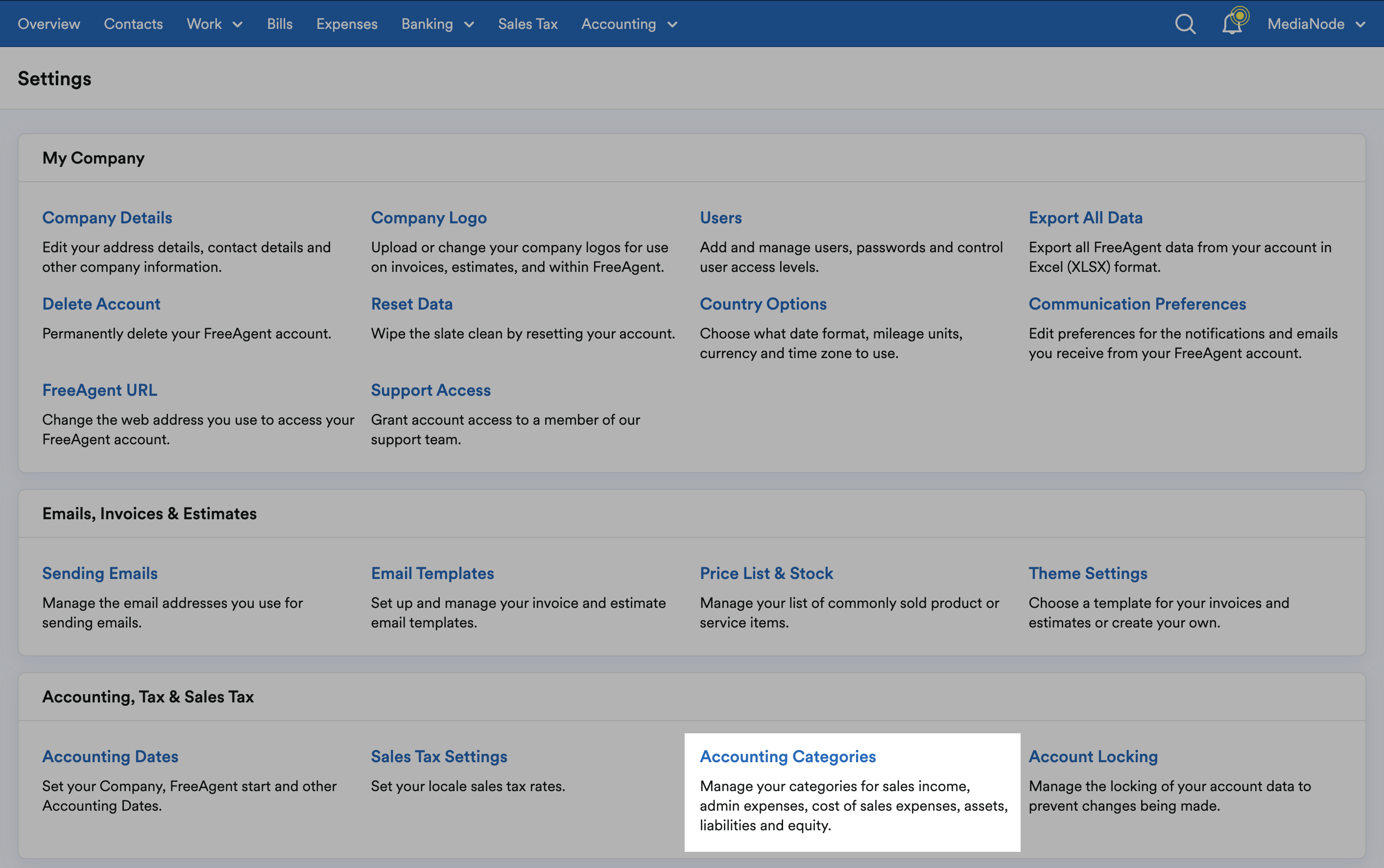 'Accounting Categories' highlighted in 'Accounting, Tax and Sales Tax' section of Settings page.