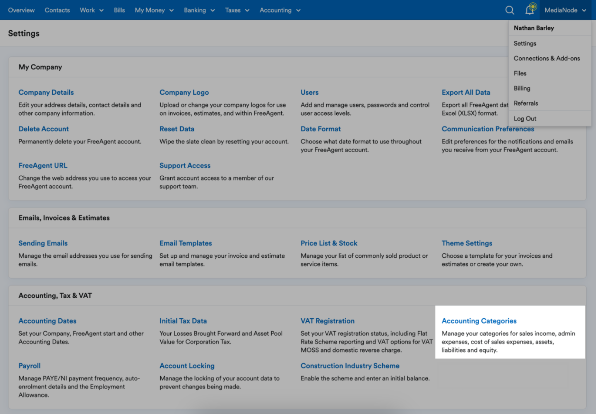 Accounting Categories highlighted in Settings menu