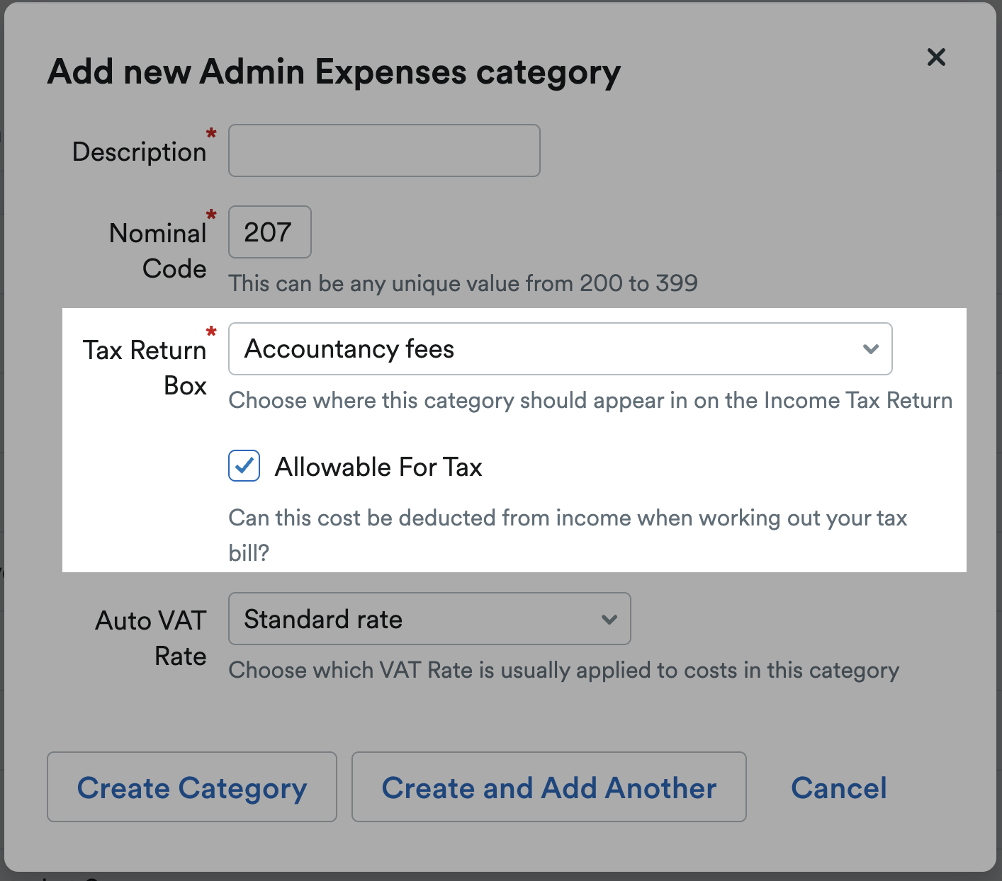 Tax return box and allowable for tax checkbox highlighted
