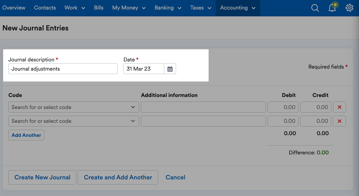 journal description and date fields highlighted