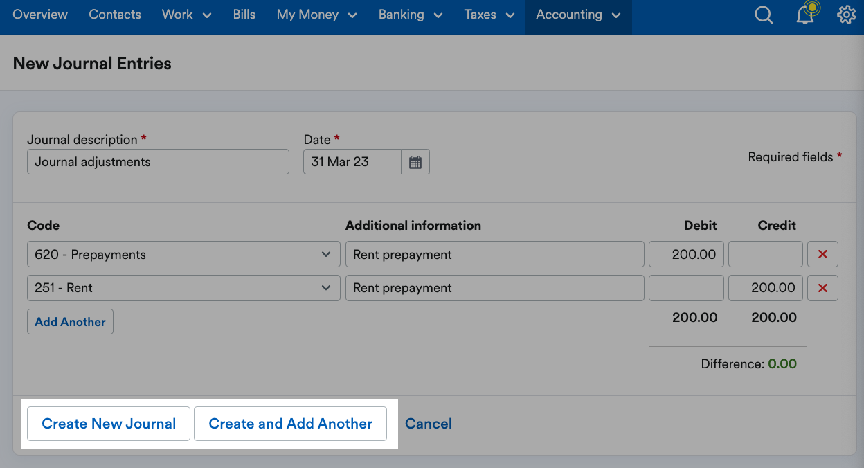 Create new journal button highlighted