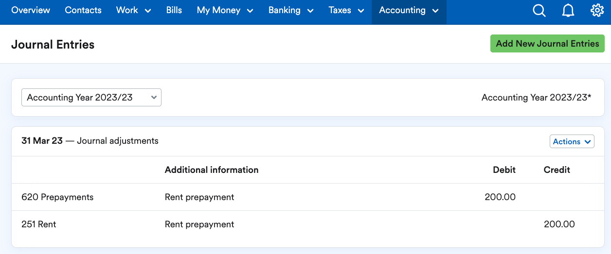 Journal entries screen with newly added journals showing