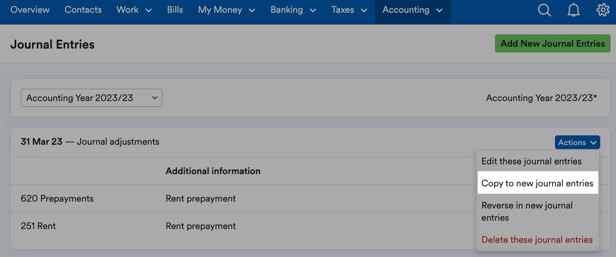 Copy to new journal entries option highlighted within actions menu