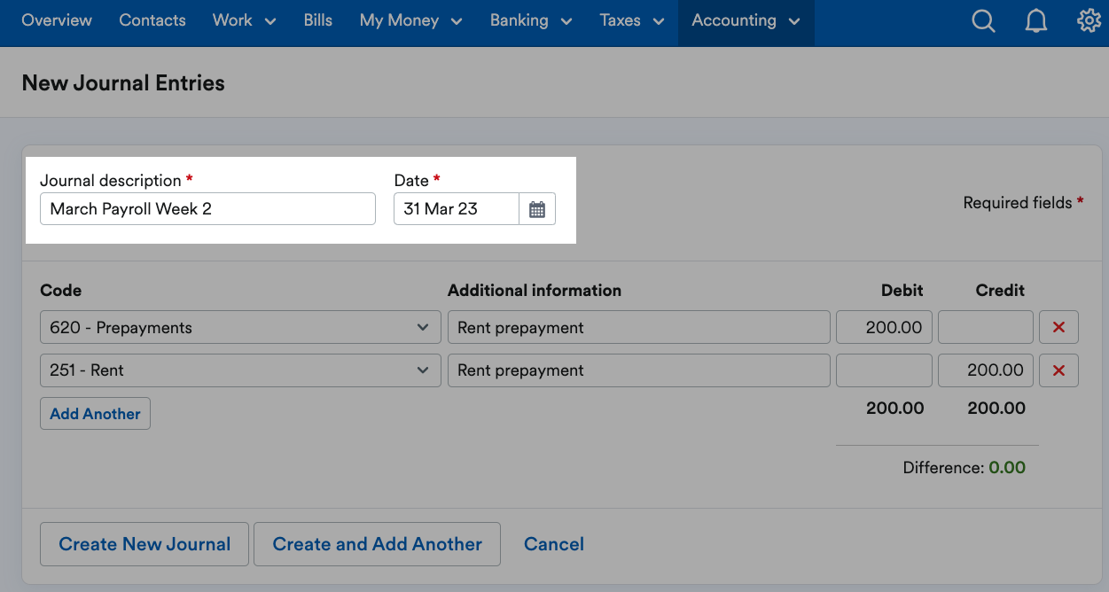 Journal description and date fields highlighted