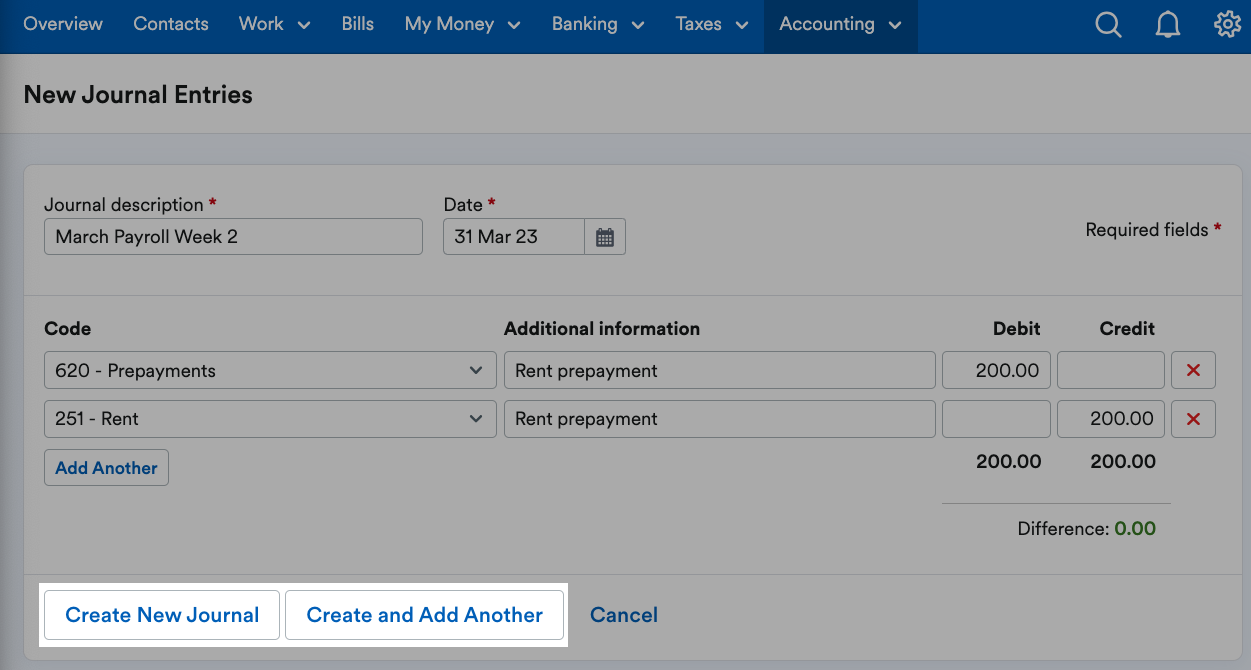 Create new journal button highlighted