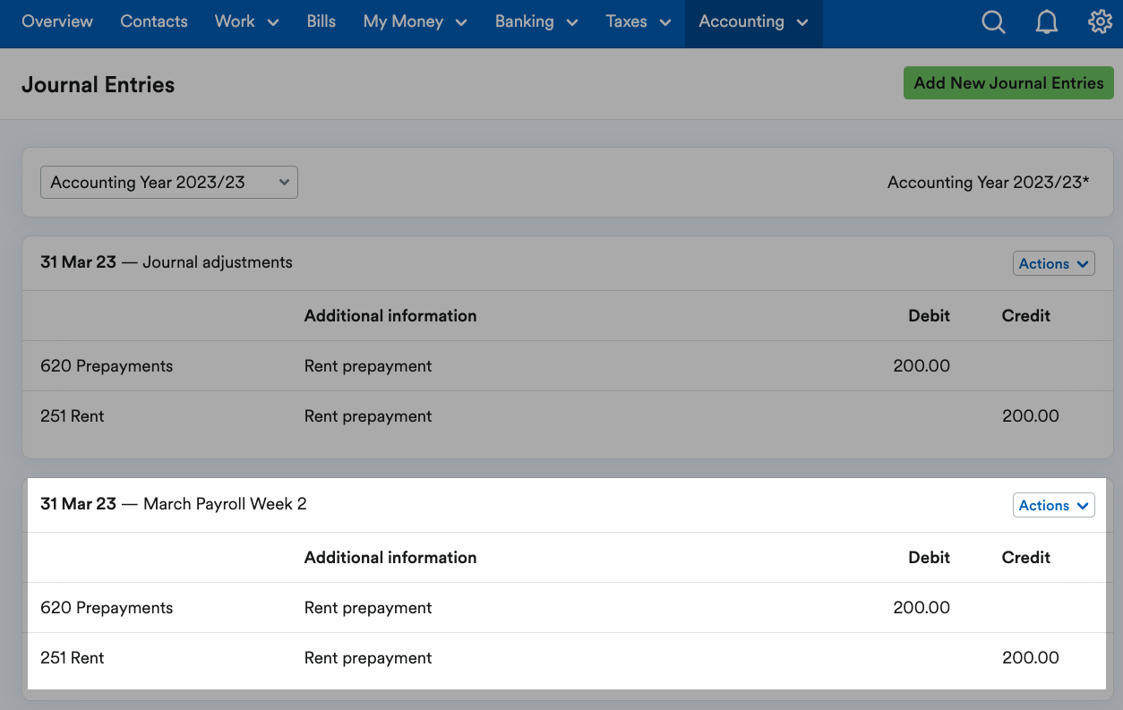 Journal entries screen with newly added journals showing