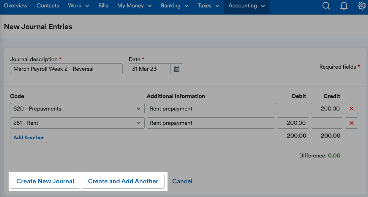 Create new journal button highlighted