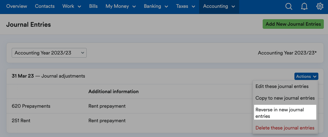 Reverse in new journal entries option highlighted within actions drop-down menu