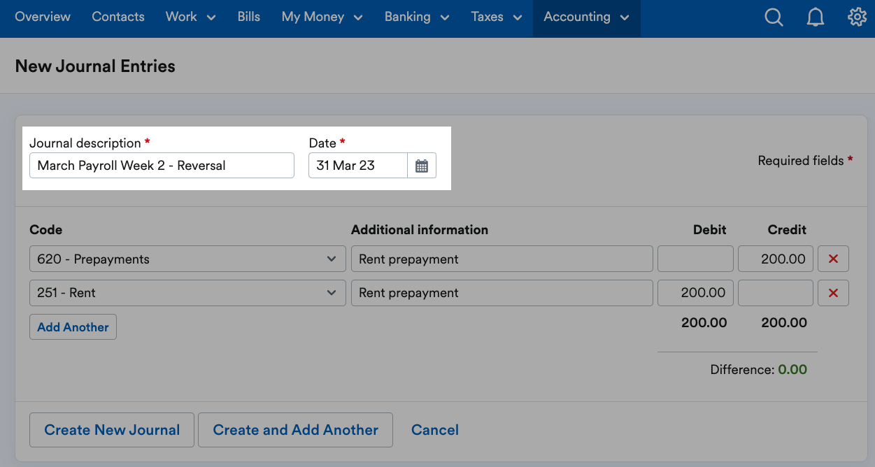 Journal description and date fields highlighted