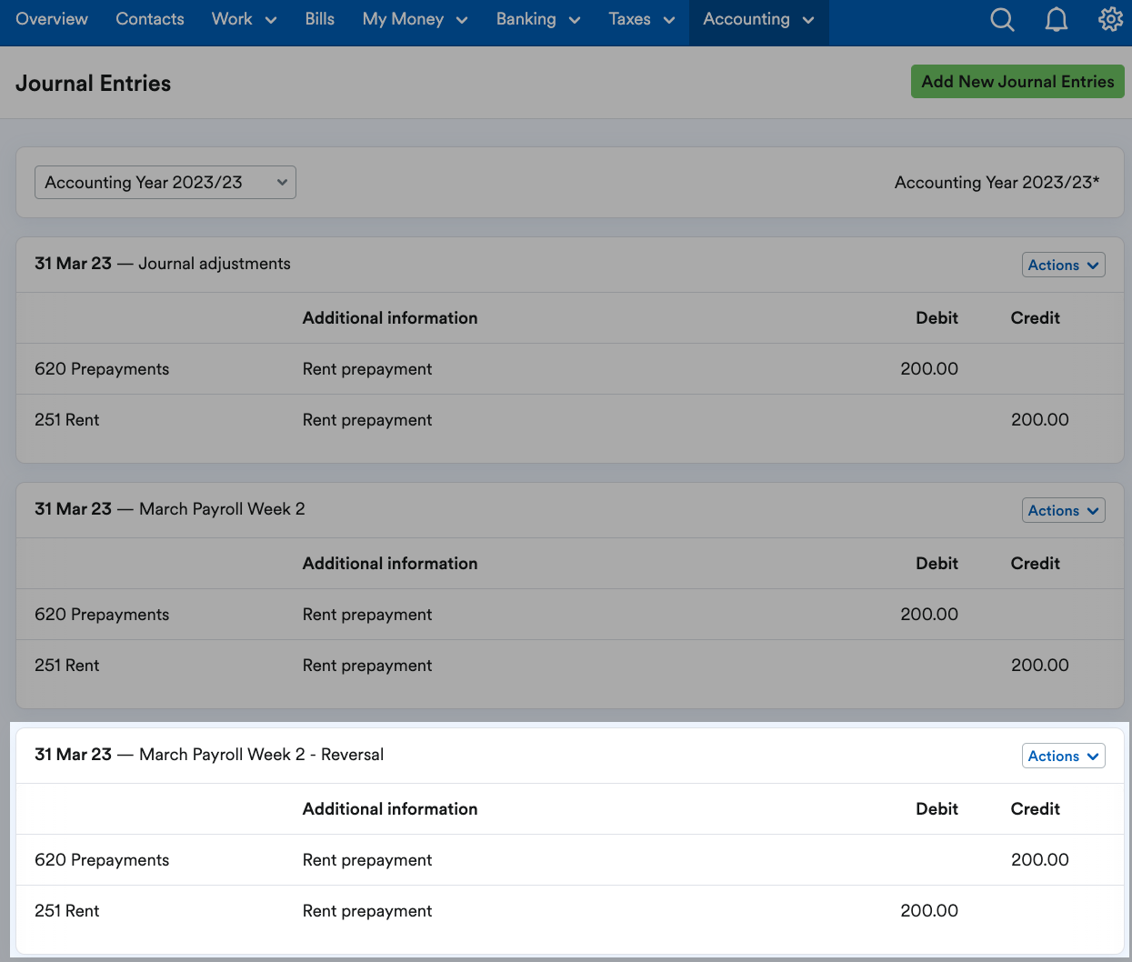 Journal entries screen with newly added journals showing