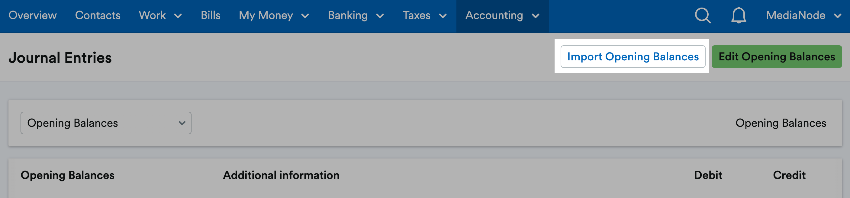 Import opening balances button highlighted