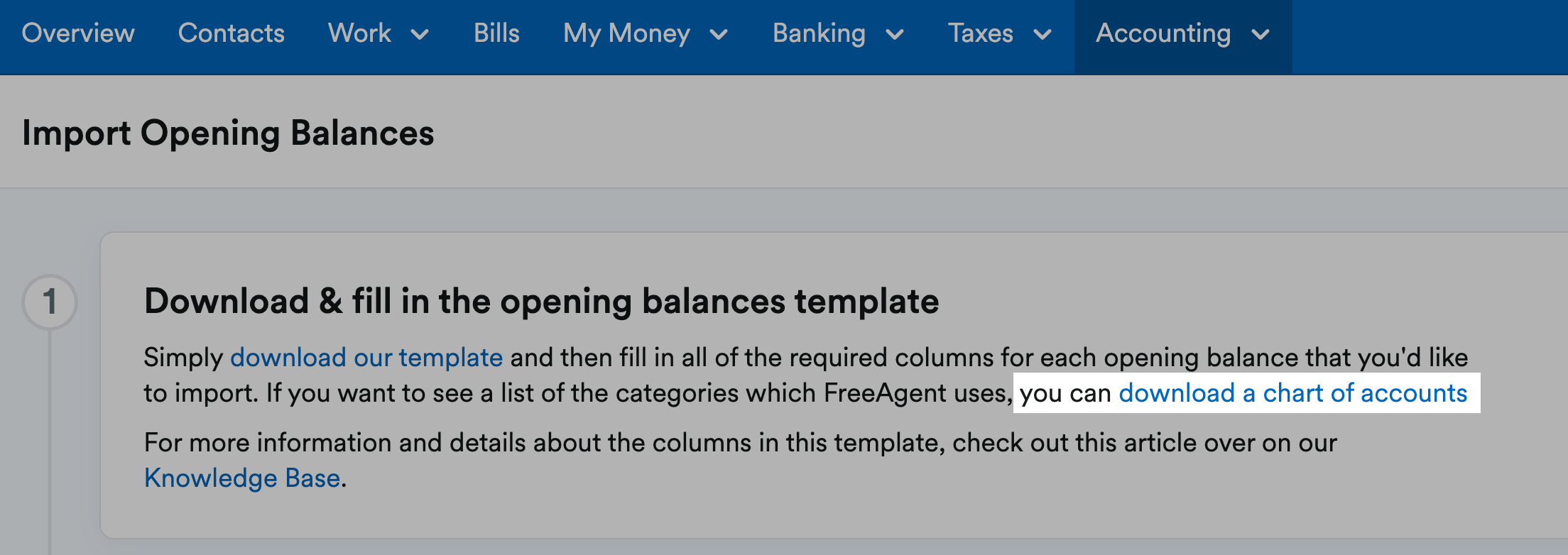 chart of accounts link highlighted