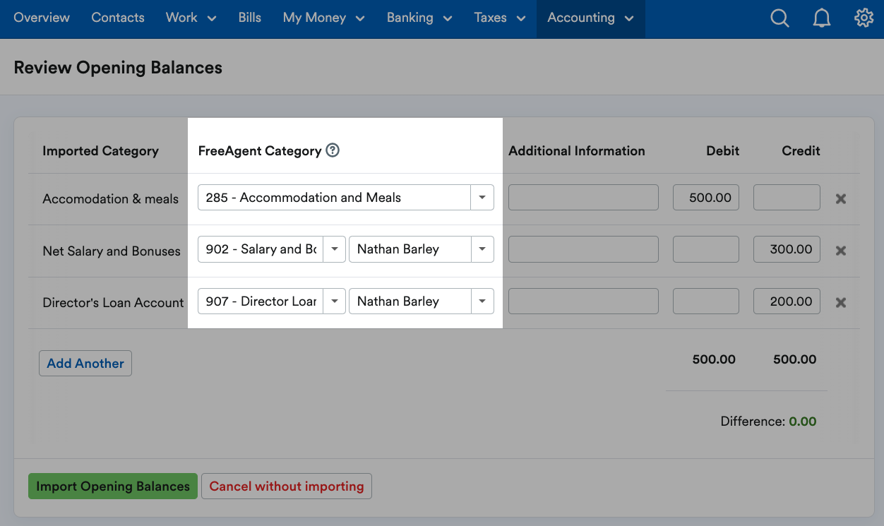 FreeAgent categories highlighted