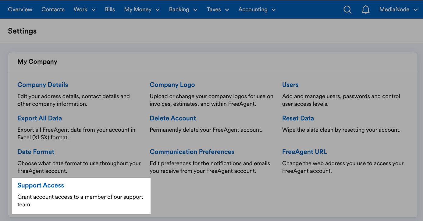 Support Access button highlighted within My Company subsection on Setting Page..png