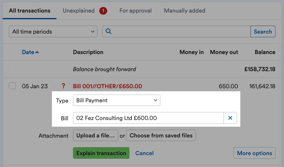 Transaction with the Type and Bill fields highlighted