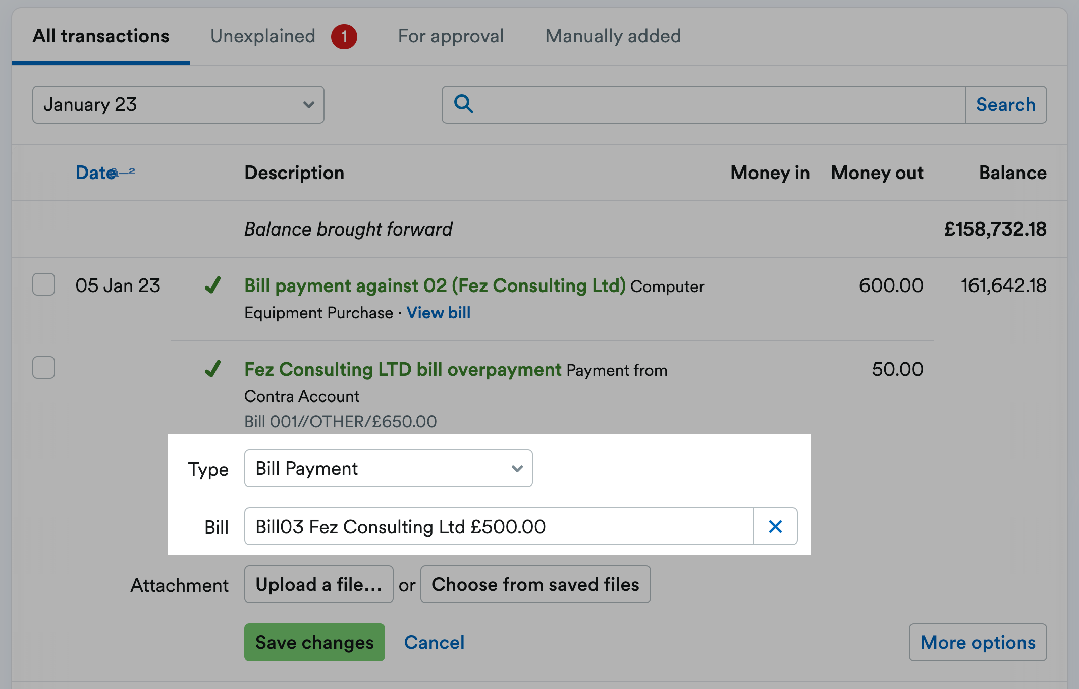 Transaction with the Type and Bill fields highlighted