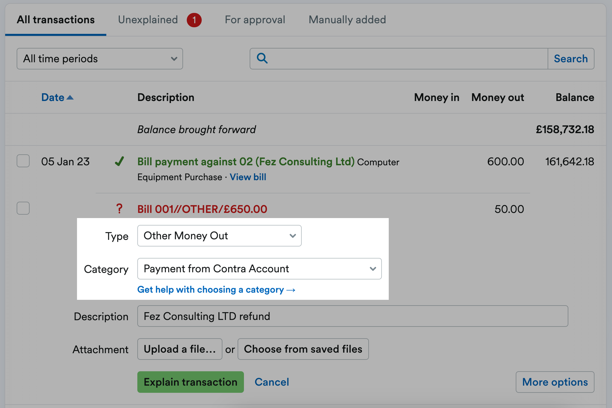 Transaction with the type and category fields highlighted
